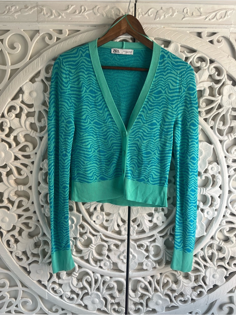 Zara Knit Aqua Blue Wave Print Cropped Cardigan Size Small 100% Viscose